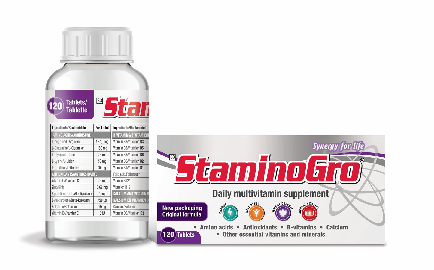 Box of StaminoGro daily multivitamin supplement containing 120 tablets, with highlights on amino acids, antioxidants, B vitamins, calcium, and other essential vitamins and minerals.