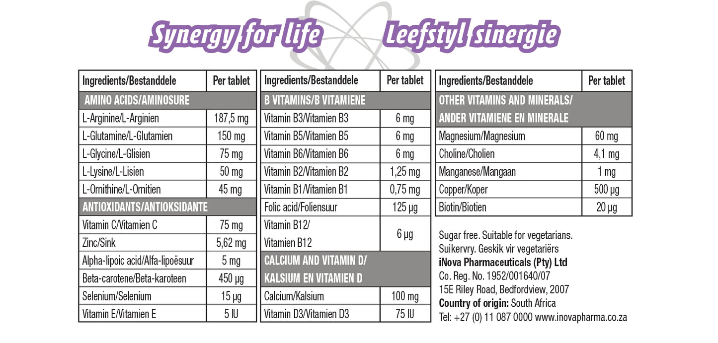 StaminoGro daily multivitamin supplement containing 120 tablets, with highlights on amino acids, antioxidants, B vitamins, calcium, and other essential vitamins and minerals.