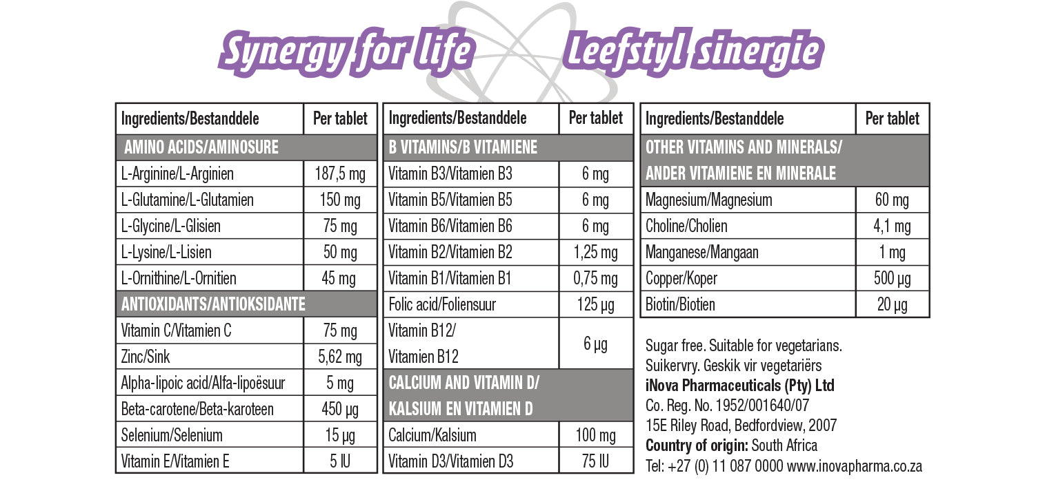StaminoGro daily multivitamin supplement containing 120 tablets, with highlights on amino acids, antioxidants, B vitamins, calcium, and other essential vitamins and minerals.