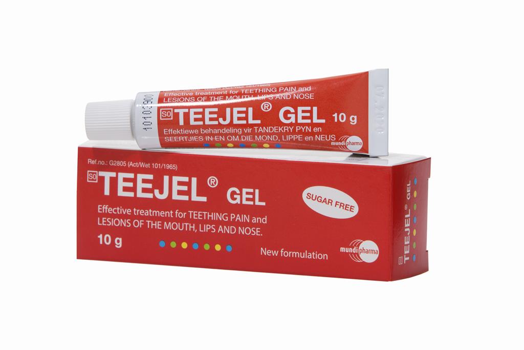 Packaging of TEEJEL Gel 10g, showing the box and tube with branding and product information.